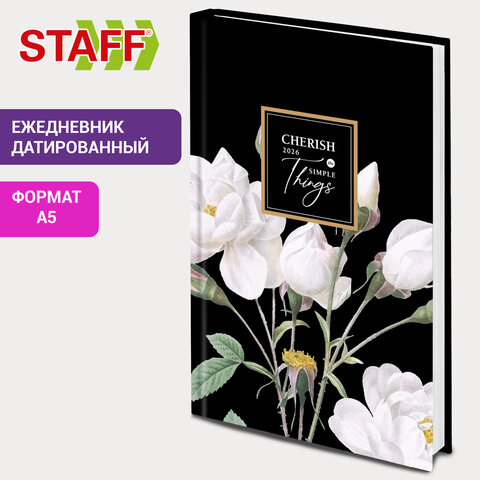 Ежедневник датированный 2026 145×215 мм, А5, STAFF, ламинированная обложка, «Розы»