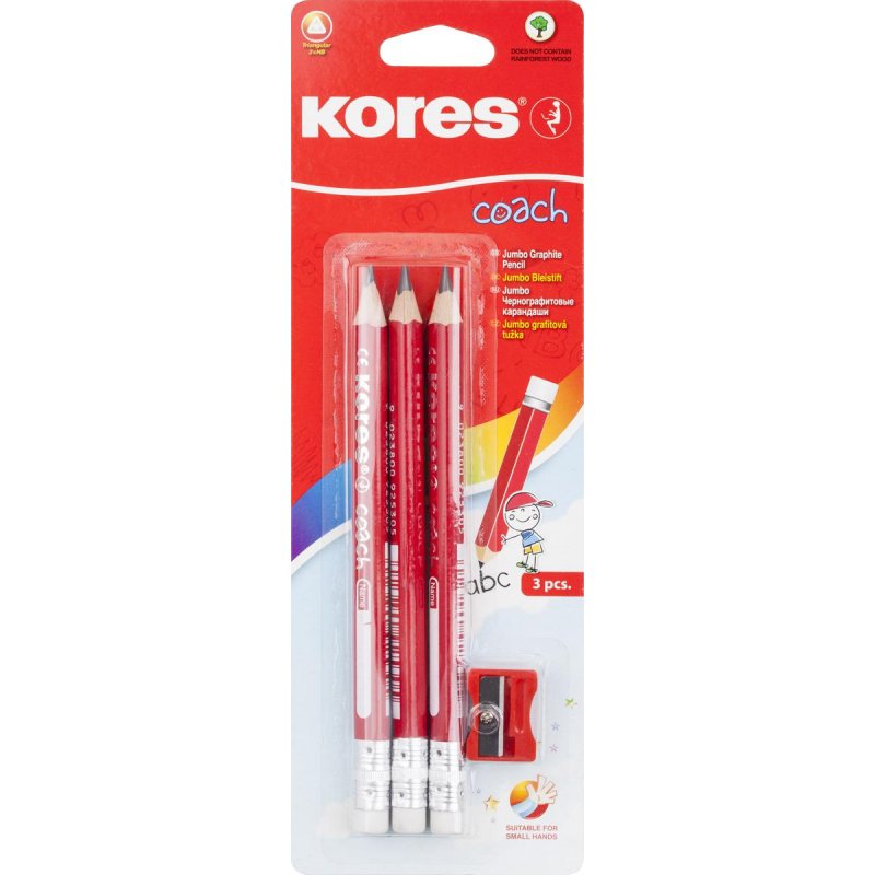 Карандаш чернографитовый KORES JUMBO (трехгранный, HB, 3 шт+точилка)