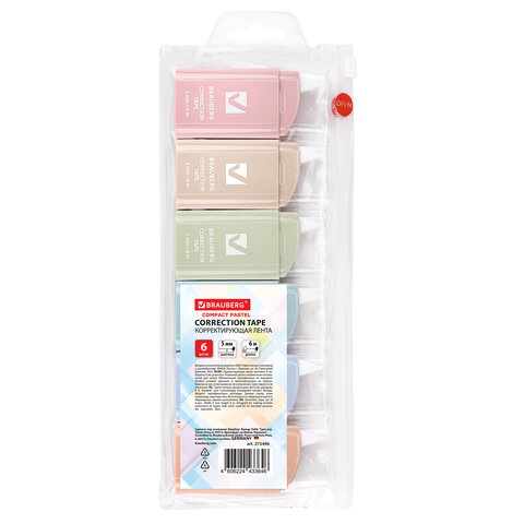 Корректирующая лента BRAUBERG COMPACT PASTEL5 мм х 6 мКОМПЛЕКТ 6 штукпенал с zip-lock272496