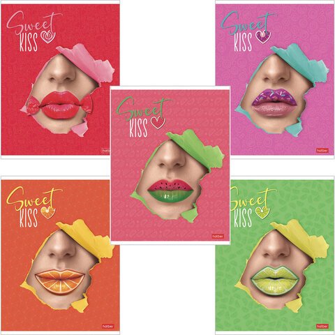 превью Тетрадь А5, 48 л., HATBER, скоба, клетка, матовая ламинация, 3D-лак, «Sweet kiss» (5 видов в спайке)