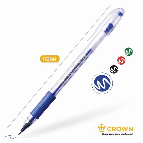Ручка гелевая с грипом CROWN «Hi-Jell Needle Grip», СИНЯЯ, узел 0.7 мм, линия письма 0.5 мм