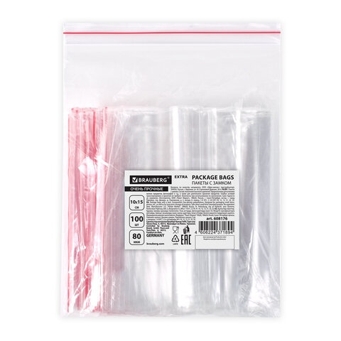 Пакеты ZIP LOCK «зиплок» ОЧЕНЬ ПРОЧНЫЕкомплект 100 шт.10×15 смПВД80 мкмBRAUBERG EXTRA608176