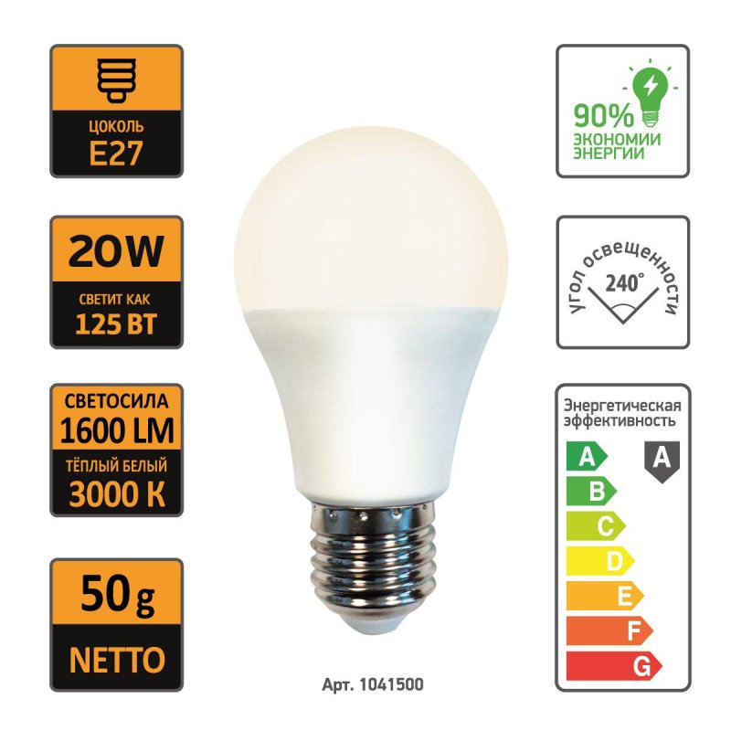 Лампа светодиодная Mega 20W E27 3000K тепл. свет колба