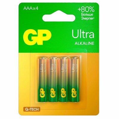 Батарейки КОМПЛЕКТ 4 шт., GP Ultra G-Tech, AAA (LR03, 24А), алкалиновые, мизинчиковые