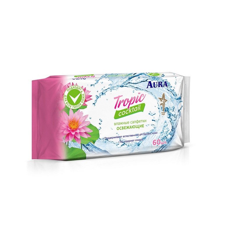 Влажные салфетки освежающие Aura Tropic Cocktail 60 штук в упаковке