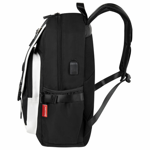 Рюкзак BRAUBERG FUSION универсальный, USB-порт, черный с белыми вставками, 45×31х15 см