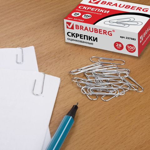 Скрепки BRAUBERG, 28 мм, оцинкованные, 100 шт., в картонной коробке