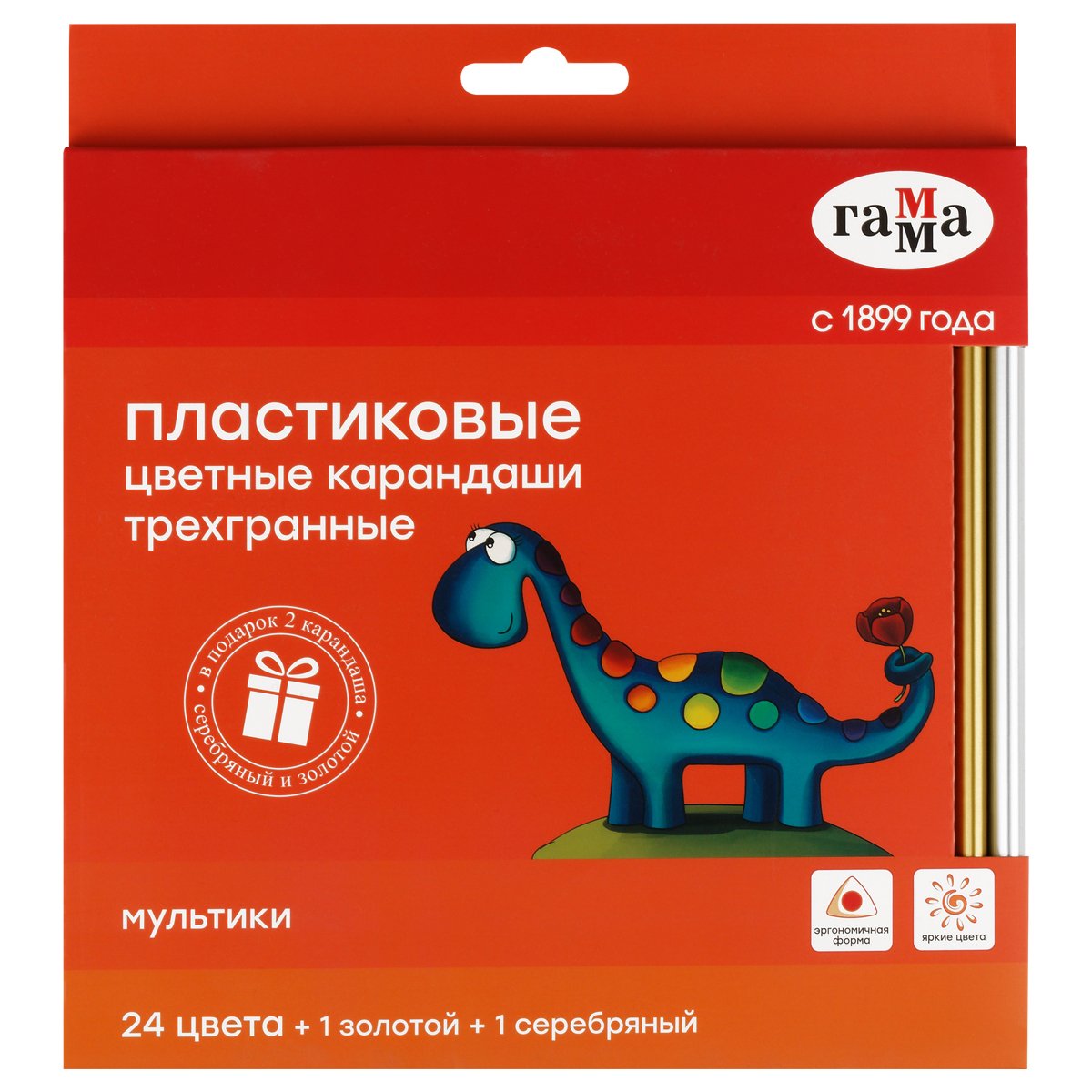 превью Карандаши цветные пластиковые Гамма «Мультики», 24цв. +1 золотой +1 серебряный, трехгранные, заточен, европодвес
