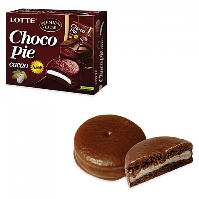 Печенье LOTTE «Choco Pie Cacao» («Чоко Пай Какао»), глазированное, картонная упаковка, 336 г, 12 шт. х 28 г