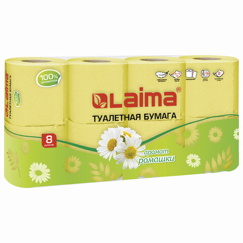 Бумага туалетная бытовая, спайка 8 шт., 2-х слойная (8×19 м), ЛАЙМА, аромат ромашки
