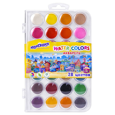 превью Краски акварельные ЮНЛАНДИЯ «ДОМИКИ», 28 цветов, круглые кюветы 28 мм, пенал