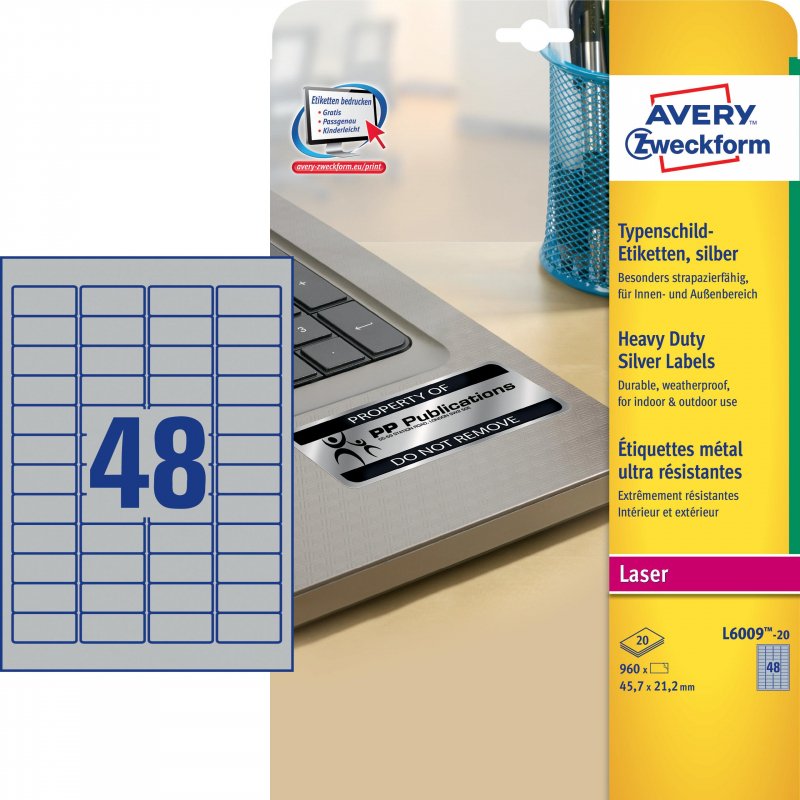 Этикетки из серебряной пленки Avery Zweckform Z-L6009-20 (A4, 45,7×21,2мм, 48 шт. на листе, 20 листов, серебристые)