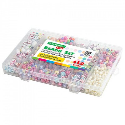 Набор BEADS SET для творчества, рукоделия и создания украшений, 450 бусин, 24 вида, нить, BRAUBERG KIDS