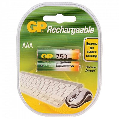 Батарейки аккумуляторные GP, AAA, Ni-Mh, 750 mAh, комплект 2 шт., в блистере