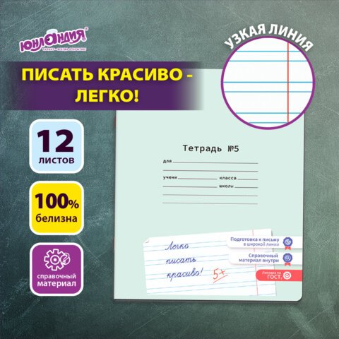 превью Тетрадь УЧУСЬ ПИСАТЬ № 5 12 л. узкая линия, со справочным материалом, обложка картон, ЮНЛАНДИЯ