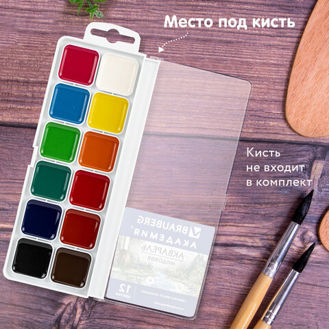 Краски акварельные BRAUBERG «АКАДЕМИЯ» 12 цветов, медовые, квадратные кюветы, пластиковый пенал