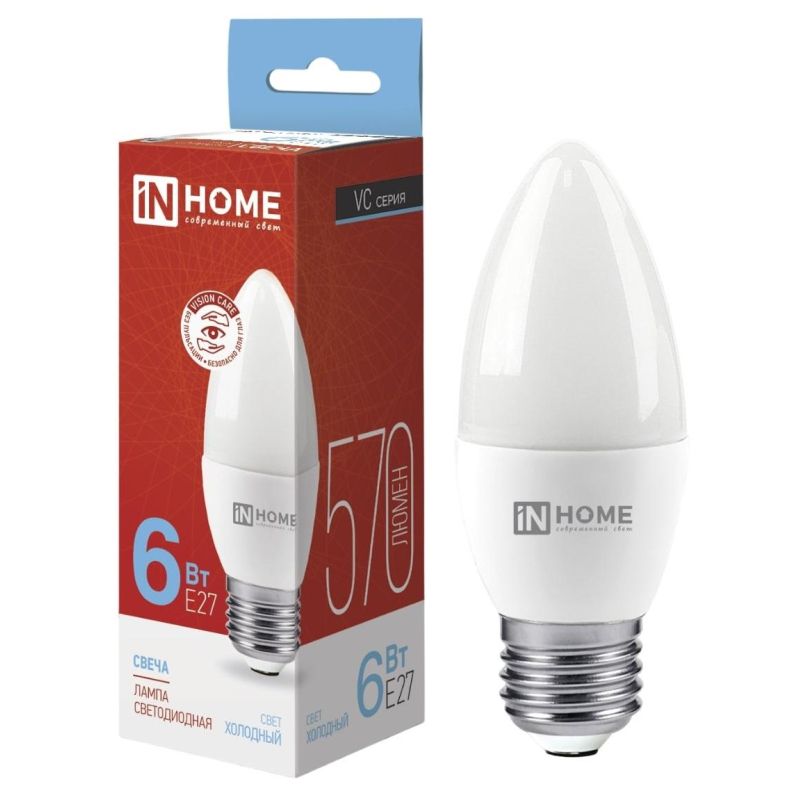 Лампа светодиодная LED-СВЕЧА-VC 6Вт 230В Е27 6500К 570 Лм IN HOME