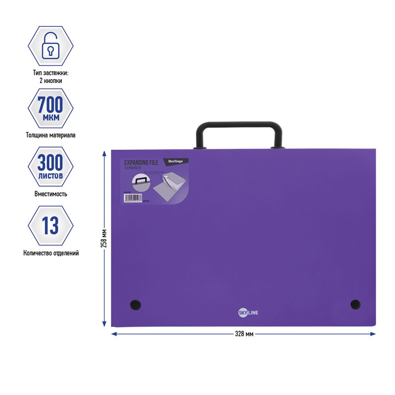 Папка-портфель 13 отделений Berlingo «Skyline», А4, 328×285мм, 700мкм, фиолетовая