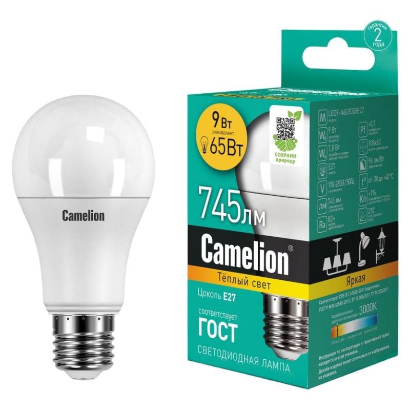 Лампа светодиодная Camelion LED9-A60/830/E27 9Вт 220В