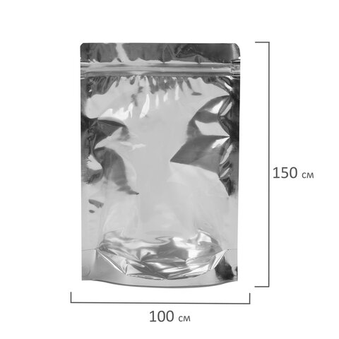 Пакеты дой-пак с замком ZIP LOCK, металлизированная + прозрачная стенка, 100×150 + 30 мм, КОМПЛЕКТ 100 штук, 70 мкм, BRAUBERG