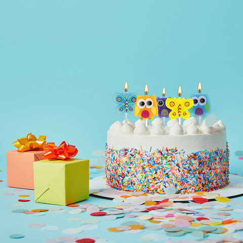 Свечи фигурные для торта на шпажках «Совы и бабочки», 5 шт., 2.5×3/2.5×2.5 см, ЗОЛОТАЯ СКАЗКА