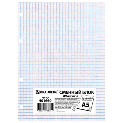 превью Сменный блок к тетради на кольцах, А5, 80 л., BRAUBERG, «Белый»