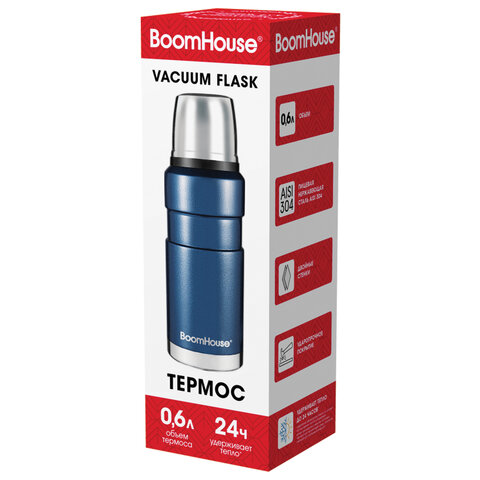 Термос 0.6 л, BOOMHOUSE (БУМХАУС) DARKBLUE, нержавеющая сталь SUS304, молотковая эмаль, крышка/кружка, синий