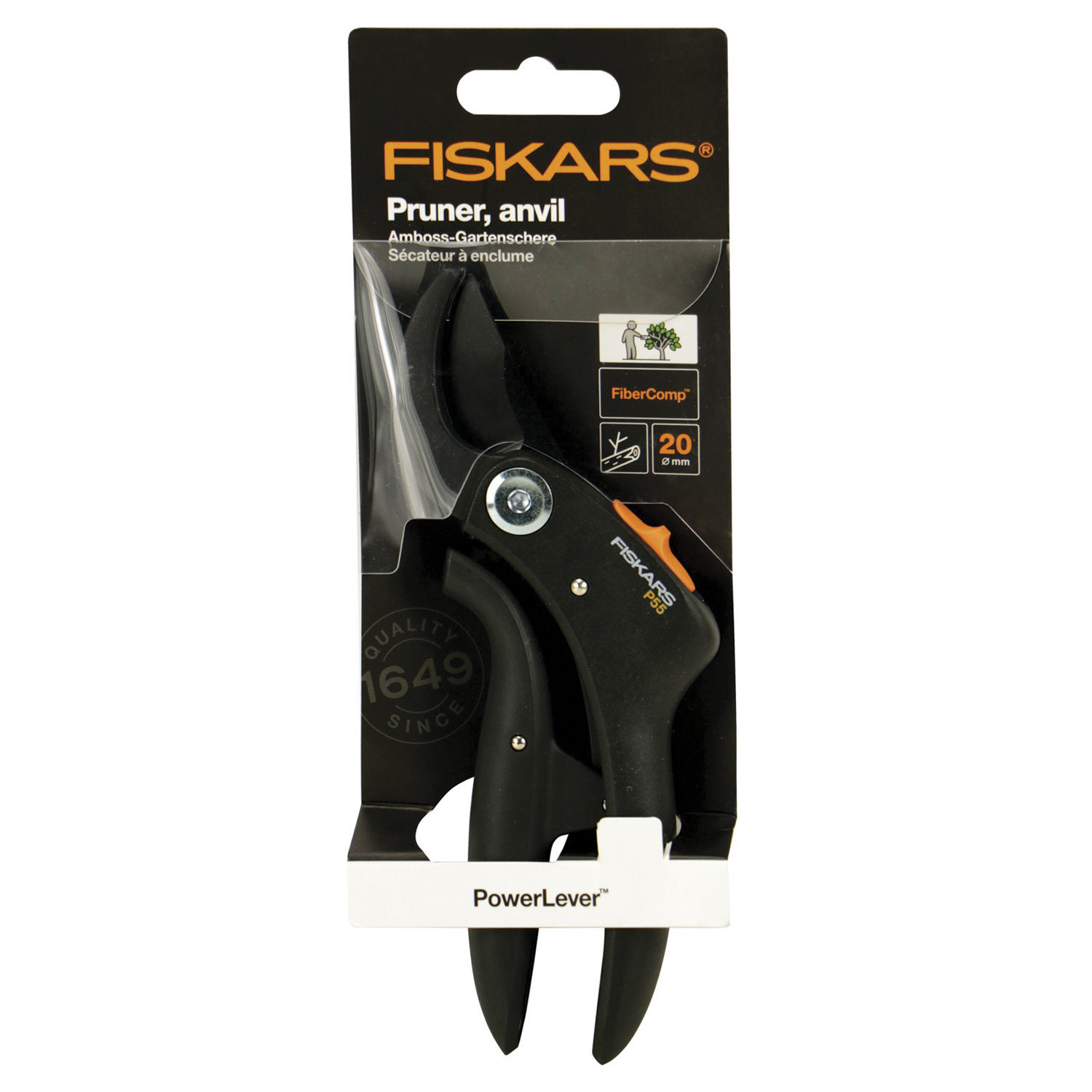 Секатор контактный FISKARS PowerLever P55, рычажный привод PowerLever, длина 173 мм