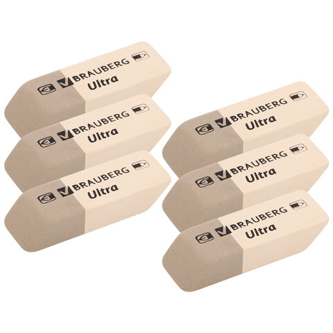 Ластики BRAUBERG «Ultra» 6 шт., размер ластика 41×14х8 мм, серо-белые, натуральный каучук