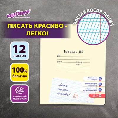 Тетрадь УЧУСЬ ПИСАТЬ № 2 12 л. частая косая линия, со справочным материалом, ЮНЛАНДИЯ