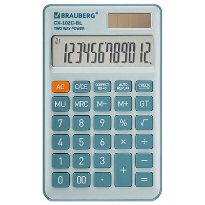Калькулятор карманный BRAUBERG CX-102C-BL (76×126 мм)12 разрядовдвойное питаниеГОЛУБОЙ272649