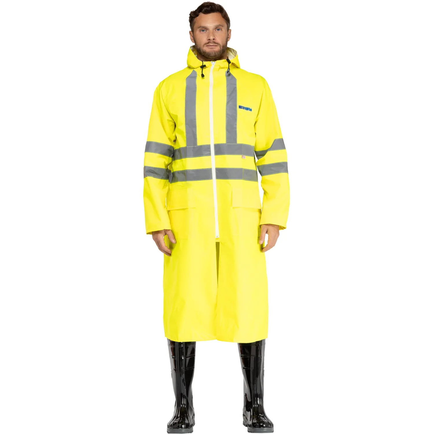 превью Плащ сигнальный влагозащитный Waterproof Line Extra-V-ПЛ плащёвая ткань с ПВХ покрытием на молнии жёлтый с СОП (размер 88-92 (44-46), рост 182-188)
