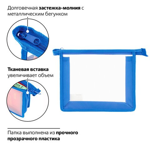 Папка для тетрадей А5 ПИФАГОР, пластик, молния сверху, прозрачная, синяя