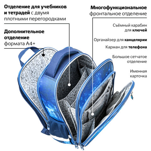 Ранец BRAUBERG QUADRO, 3 отделения, с брелком, «Planet invasion», 37×28х18 см