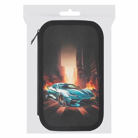 Пенал ЮНЛАНДИЯ, 3 отделения, картон с эффектом soft-touch, 19×11 см, «Fire car»