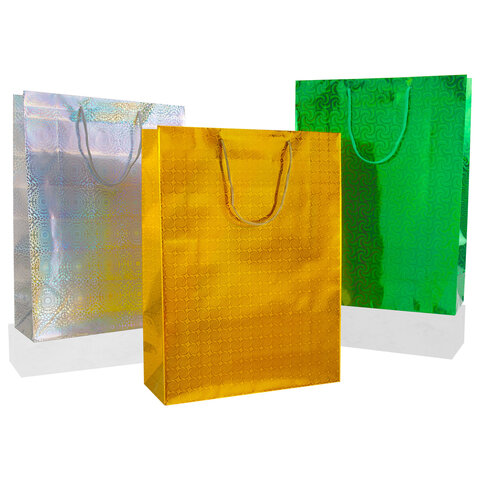 Пакет подарочный 33×13x45 см (XL), НАБОР 3 шт., 3 дизайна, голография, ЗОЛОТАЯ СКАЗКА