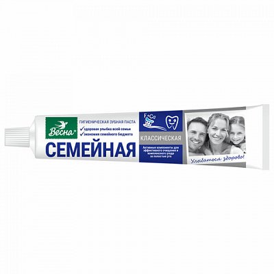 Зубная паста 90 г СЕМЕЙНАЯ (Весна) «Класическая», отбеливающая, защита от кариеса