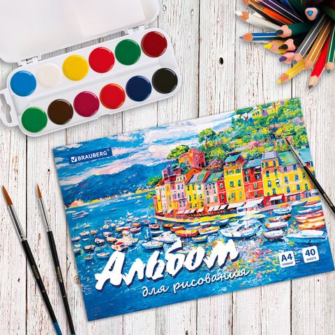 Альбом для рисования А4 40 л., склейка, обложка картон, подложка, BRAUBERG, 205×290 мм
