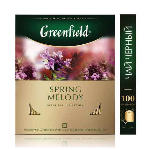 Чай GREENFIELD «Spring Melody» черный с чабрецом, мятой, смородиной, 100 пакетиков в конвертах по 1.5 г