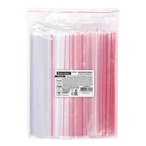 Пакеты ZIP LOCK «зиплок» ПРОЧНЫЕкомплект 100 шт.15×20 смПВД60 мкмBRAUBERG EXTRA608172