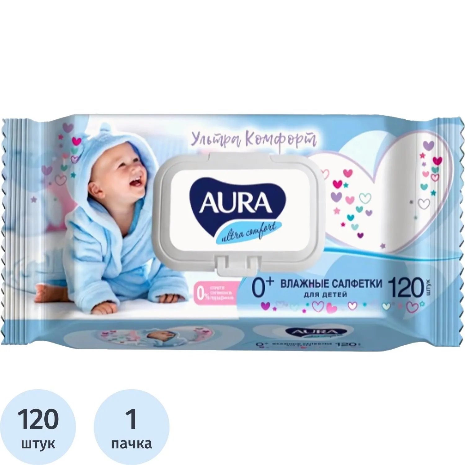 превью Салфетки влажные Aura Ultra Comfort детские флоупак с жёстким клапаном (120 листов в пачке)