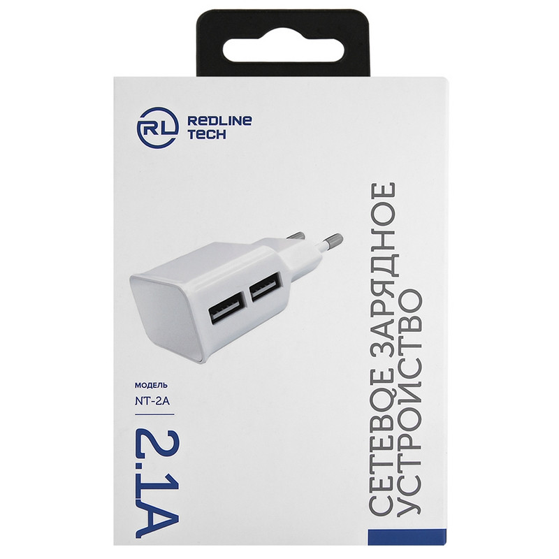 Зарядное устройство сетевое (220В) RED LINE NT-2A, 2 порта USB, выходной ток 2.1 А, белое