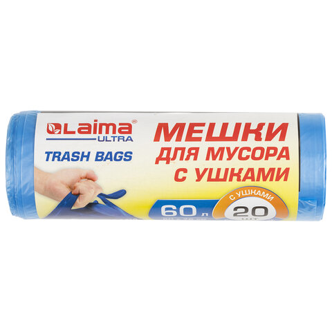 Мешки для мусора с ушками LAIMA «ULTRA» 60 л синие 20 шт. прочныеПНД 14 мкм60×76 см607690