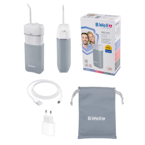 Ирригатор для полости рта B. WELL PRO-913, портативный, емкость резервуара 0.15 л, 1 насадка, бело-серый