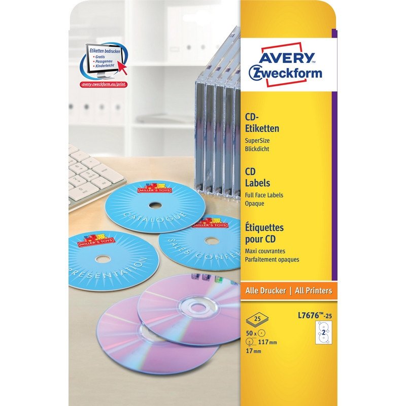 превью Этикетки для CD/DVD Avery Zweckform Z-L7676-25 (A4, 2 шт. на листе, D 117мм, 25 листов, белые матовые)