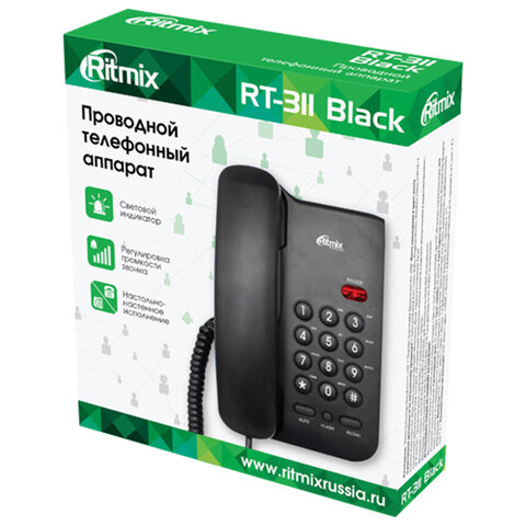 Телефон RITMIX RT-311 black, световая индикация звонка, тональный/импульсный режим, повтор, черный