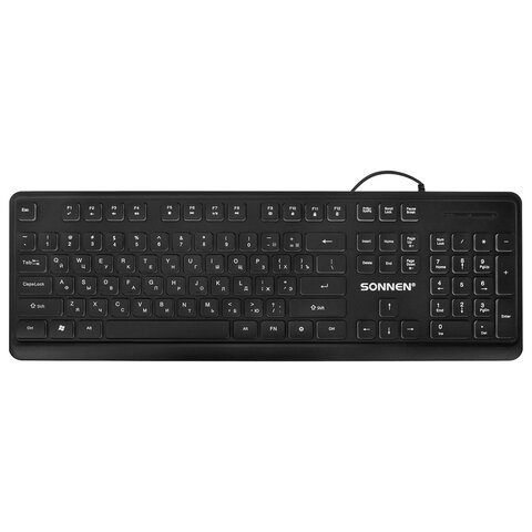 Клавиатура проводная USB, 104 плоские клавиши, LED-подсветка, SONNEN K308, черная