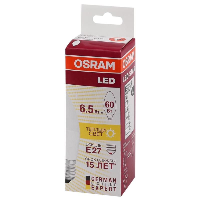 превью Лампа светодиодная Osram 6.5 Вт E27 свеча 3000 К теплый белый свет