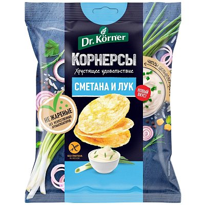 Чипсы Dr. Korner цельноз. кукурузно-рисовые со сметаной и зел. луком, 50г