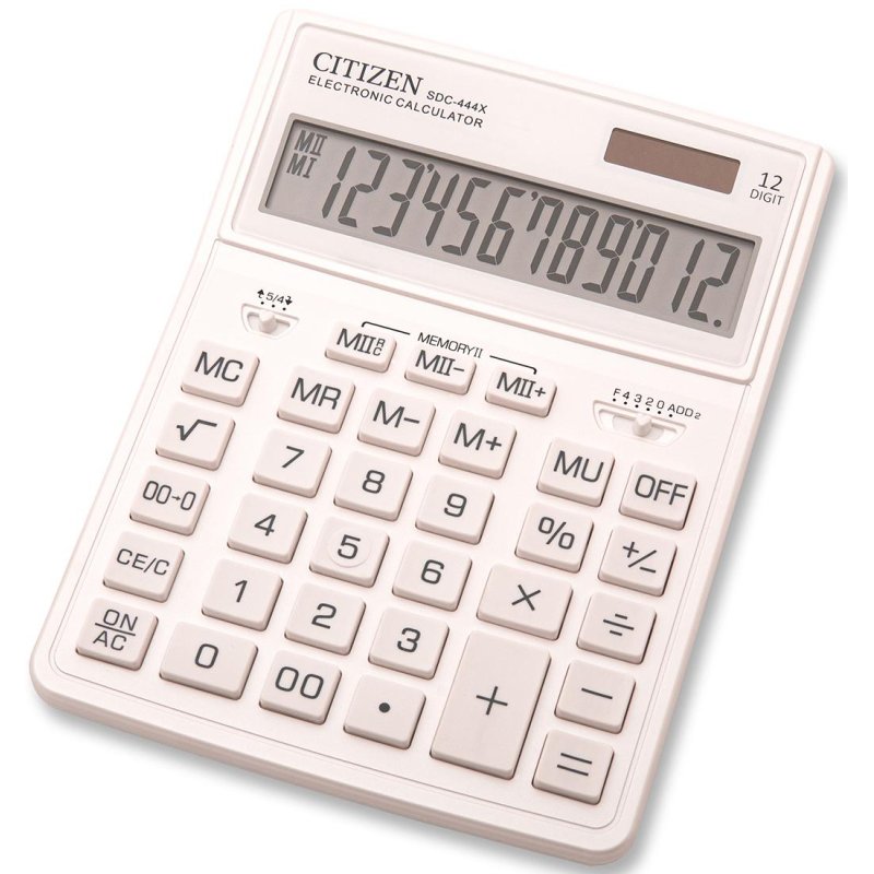 Калькулятор настольный Citizen SDC-444XRWHE, 12 разрядов, двойное питание, 155×204×33мм, белый